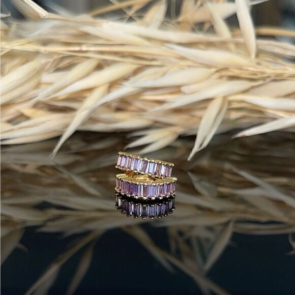 Gold Plated Huggie Hoop Earrings Dainty Minimalistic Sterling Silver CZ gems - Picture 4 of 4